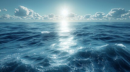 a photo shows a clear day with a bright sun reflecting on a deep blue ocean under a mostly clear sky