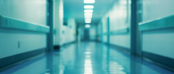 An empty hospital hallway with a shiny blue tiled floor, white doors, and off-white walls. Camera blur effect adds motion, creating a clean, sterile atmosphere.