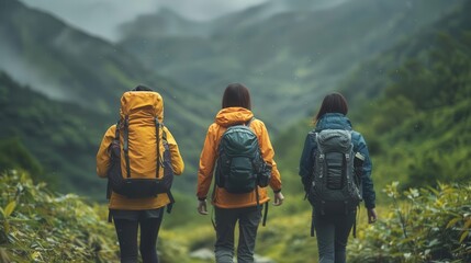 Three hikers explore a scenic mountain trail, showcasing adventure and camaraderie in a stunning natural landscape.