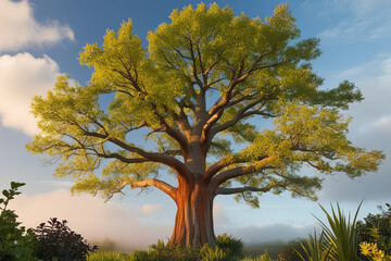 
Majestic tree in vibrant, lush setting with sprawling branches, intricate roots, and a warm sky, exuding ancient wisdom