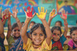 © PRASANNAPIX - Group of Indian playgroup kids age 2-3 years raise their colorful hands in classroom