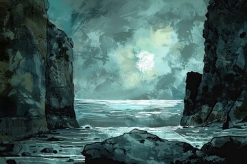 Wall Mural - Mysterious Rocky Cliffs Overlooking Tranquil Sea Under Moonlight