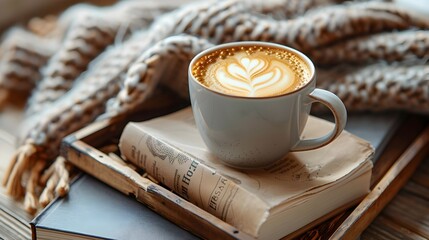 Poster - Cozy Coffee Moment with Blanket and Book on Rustic Wooden Tray