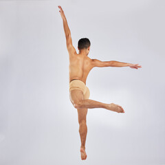 Poster - Back, man and ballet dancer in studio for practice on white background with training for competition. Male person, passion and talent on rehearsal with confidence for performance with exercise