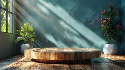 Sticker - Wooden Platform for Product Display with Natural Lighting and Greenery