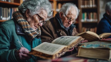 Poster - Elderly individuals immerse themselves in foreign language studies, using textbooks and dictionaries in a warm library environment. Generative AI