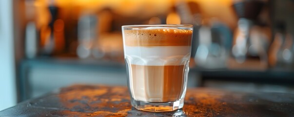 Wall Mural - Layered Macchiato in a Glass Cup against a Modern Caf Backdrop