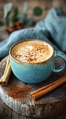 Canvas Print - Frothy Cappuccino in a Blue Ceramic Cup on a Rustic Wooden Table with Cinnamon Stick