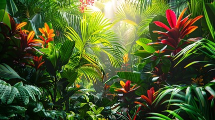 Wall Mural - A lush green jungle with a variety of colorful flowers and plants