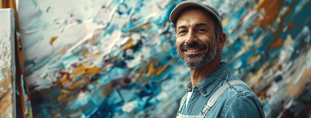 wide closeup photo of handsome young artist standing and smiling near an colorful abstract masterpiece painting, his canvas art next to him on an easel   