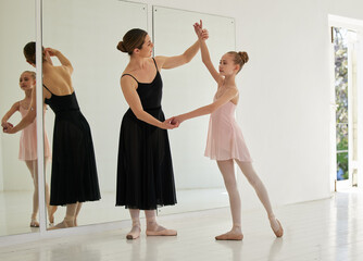 Sticker - Ballet, mentor and girl in studio for learning, arms and correct posture or technique for dance performance. Female teacher, student and practice by academy for artistic growth, discipline and skill.