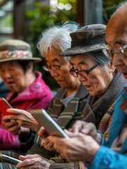 Aufkleber - A group of elderly individuals attentively uses their smartphones while sitting together in a cozy outdoor space, enjoying each other's company. Generative AI