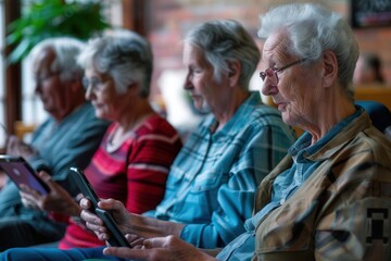 Aufkleber - Four elderly individuals are sitting closely together, each absorbed in using their tablets while enjoying a warm atmosphere. Generative AI