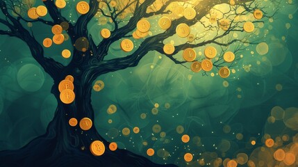 Surreal illustration of a digital tree with branches adorned with floating cryptocurrency coins. The vibrant green and blue background highlights the golden coins, symbolizing financial growth and