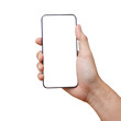 © aekkorn - Man Holding Smart phone . Cell phone in Man hand on a white background With white display for COPY SPACE.