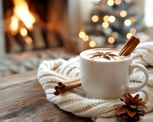 Canvas Print - Cozy Cappuccino with Cinnamon on Rustic Winter Themed Table by Fireplace