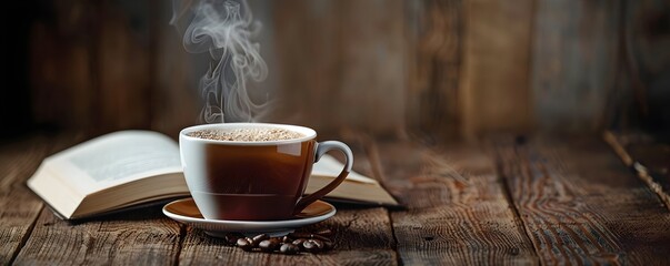 Canvas Print - Comforting Cup of Coffee with Cozy Book on Vintage Wooden Table