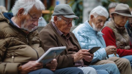 Fototapete - A group of elderly individuals focuses on their digital devices while seated at a community gathering in a lively outdoor setting. Generative AI