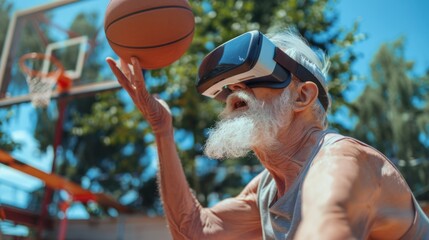 Wall Mural - An older man wearing a VR headset is playing basketball