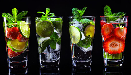 Wall Mural - Summer Mojito cocktail or mocktail set with lime, mint, strawberry and ice in glass on black background. Cold alcoholic or non-alcoholic drinks, beverages and cocktails