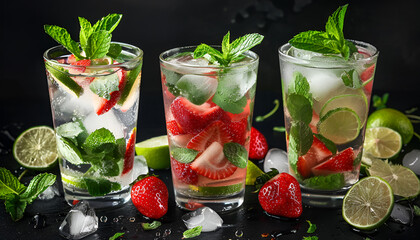 Wall Mural - Summer Mojito cocktail or mocktail set with lime, mint, strawberry and ice in glass on black background. Cold alcoholic or non-alcoholic drinks, beverages and cocktails