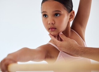 Sticker - Ballet, hand of teacher with girl in dance studio for class, recital or rehearsal technique. Balance, chin or form and student child in lesson with dancing instructor for theatre performance