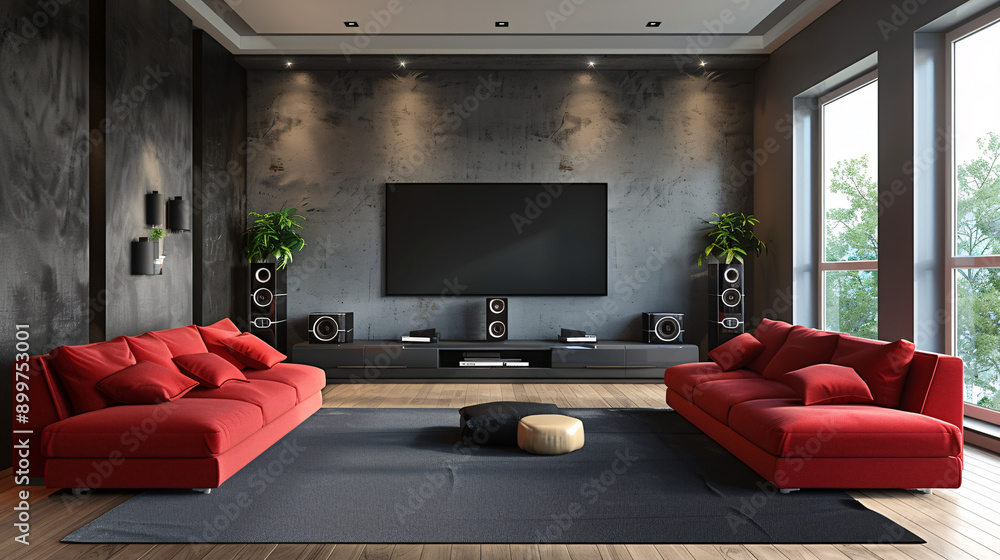 Contemporary Home Theater Setup with Vibrant Red Sofa in Stylish Living ...