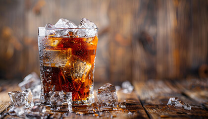 Wall Mural - Alcoholic cocktail bourbon cola with whiskey and ice cubes, vintage wooden background