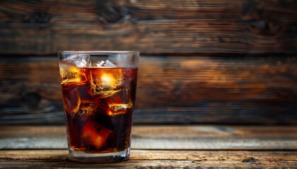 Wall Mural - Alcoholic cocktail bourbon cola with whiskey and ice cubes, vintage wooden background