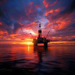 Wall Mural - Dramatic Sunset Over Offshore Oil Rig Silhouette in the Sea