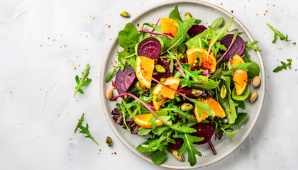 Beet and orange healthy salad with arugula, lamb lettuce, mini chard and pistachios, white kitchen table, copy space. Fresh useful vegan dish for healthy eating