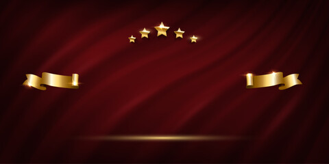 Wall Mural - Award curtain background. Winner nomination prize banner with golden stars and ribbons vector illustration. Luxury ceremony poster template.