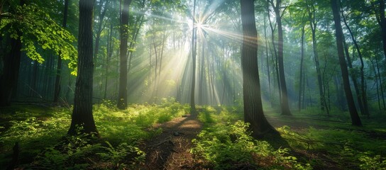 Poster - A beautiful forest, a bright sun shines between the trees.	