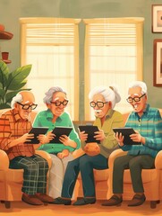 Aufkleber - A group of elderly individuals shares joyful moments, engaging with tablets while seated comfortably in a warm and inviting living room. Generative AI