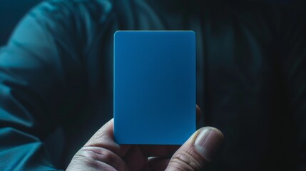 A soccer referee holding a blue card.	