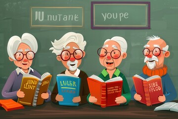 Poster - Four elderly individuals are enthusiastically studying different foreign languages using textbooks and dictionaries in a cozy classroom setting. Generative AI