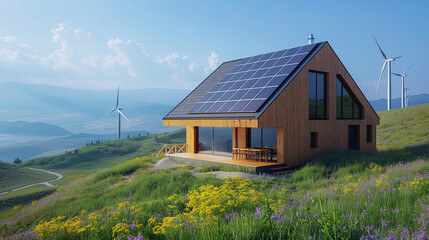 country house covered with solar panels on a hill and wind generators in the distance