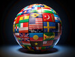 © Adisorn - Animated 360-degree rotating globe with country flags from around the world in vibrant colors, set against a sleek black background, creating a dynamic visual explosion.
