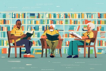 Poster - Three elderly people are studying foreign languages with textbooks and dictionaries in a cozy library setting surrounded by bookshelves. Generative AI