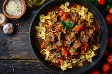 Wall Mural - Pasta with meat and mushrooms in a pan.