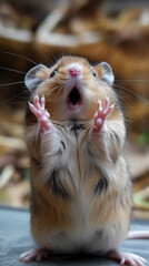 Poster - Adorable surprise cute hamster with fur and whiskers, tiny playful fluffy animal pet closeup expression