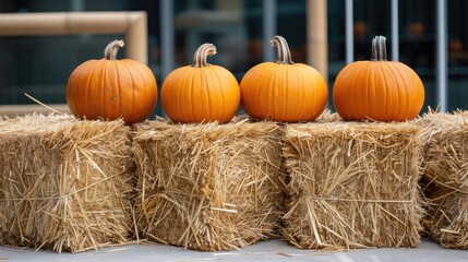 Colorful pumpkins of various sizes rest on stacks of hay bales, showcasing fall harvest beauty in a serene farm setting surrounded by greenery