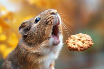 Wall Mural - Guinea pig animal portrait outdoors in autumn closeup of eating cookie with bokeh background