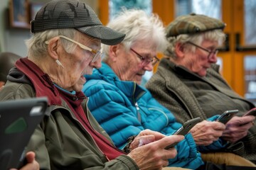 Aufkleber - Three elderly people focused on their smartphones while seated comfortably in a warm community center during the afternoon. Generative AI