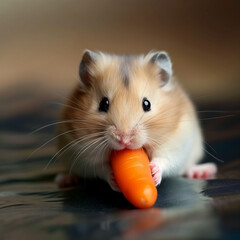 Wall Mural - Cute hamster nibbling on a baby carrot with its tiny whiskers and paws