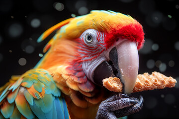 Colorful macaw parrot with vibrant feathers and bright beak holding food