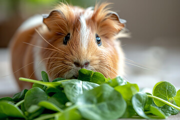 Wall Mural - Cute guinea pig eating spinach and vegetables close up of furry pet animal