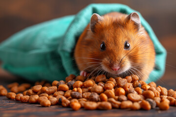 Wall Mural - Cute brown hamster eating food with green bag and small nuggets in background