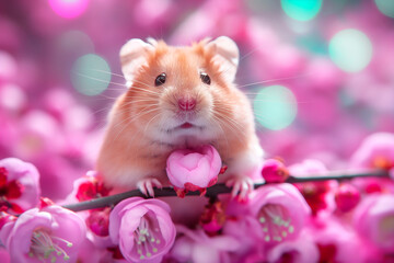 Adorable hamster with soft fur and tiny paws enjoying pink blossom in garden during spring