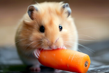 Poster - Cute hamster gnawing on an orange carrot with its small furry paws and adorable whiskers